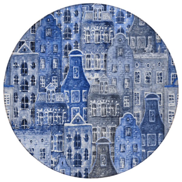 8' Navy Blue And Sky Blue Round Village Houses Washable Indoor Outdoor Area Rug