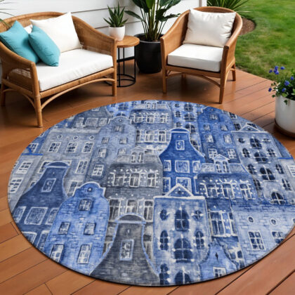 8' Navy Blue And Sky Blue Round Village Houses Washable Indoor Outdoor Area Rug