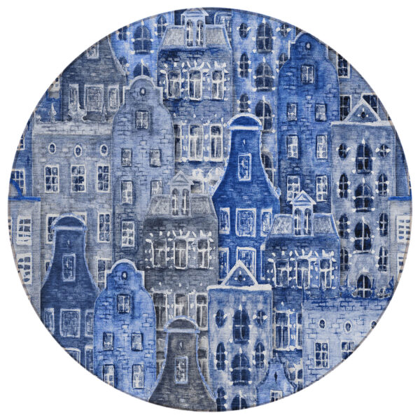 8' Navy Blue And Sky Blue Round Village Houses Washable Indoor Outdoor Area Rug