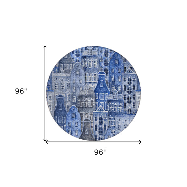 8' Navy Blue And Sky Blue Round Village Houses Washable Indoor Outdoor Area Rug