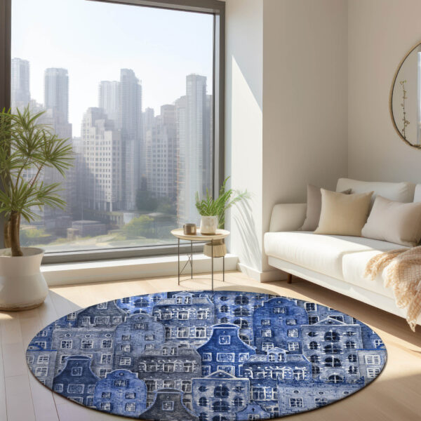8' Navy Blue And Sky Blue Round Village Houses Washable Indoor Outdoor Area Rug