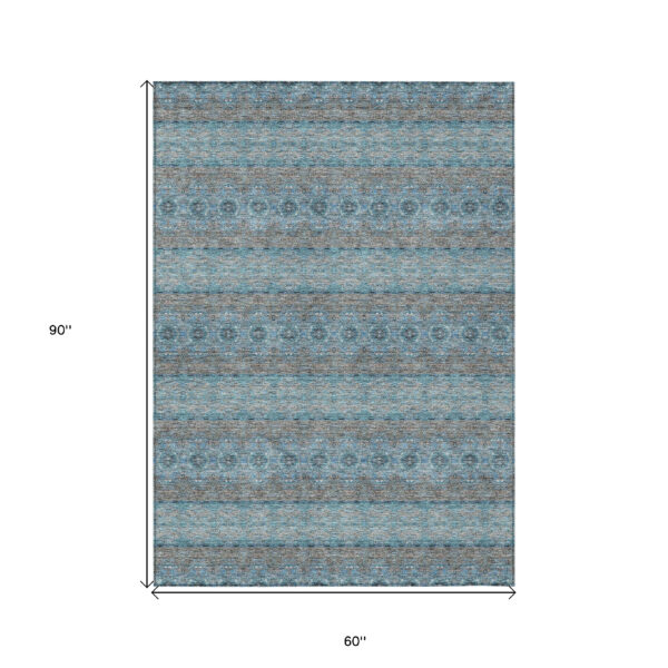 5' X 8' Teal Blue Aqua And Gray Floral Medallion Washable Indoor Outdoor Area Rug