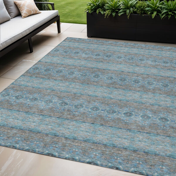 5' X 8' Teal Blue Aqua And Gray Floral Medallion Washable Indoor Outdoor Area Rug