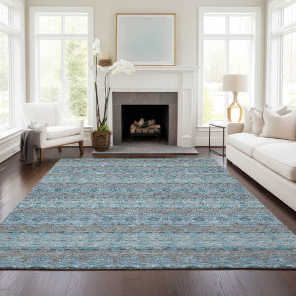 5' X 8' Teal Blue Aqua And Gray Floral Medallion Washable Indoor Outdoor Area Rug
