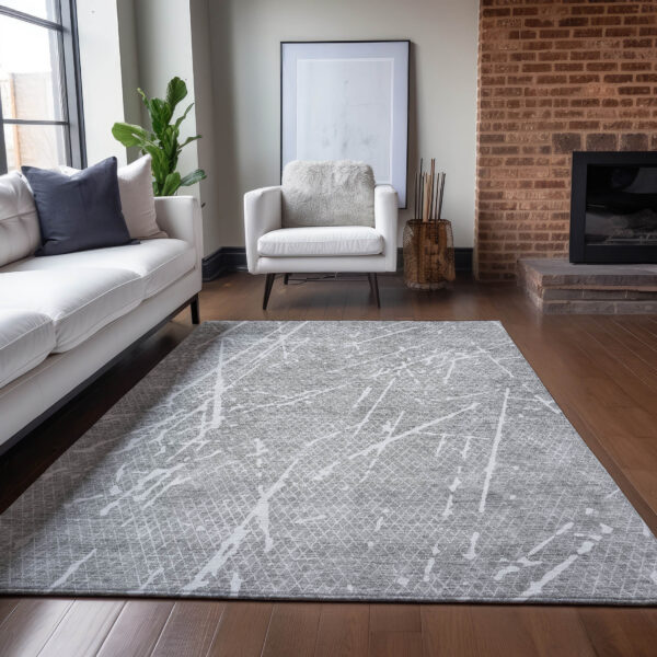 3' X 5' Gray Ivory And Silver Abstract Washable Indoor Outdoor Area Rug