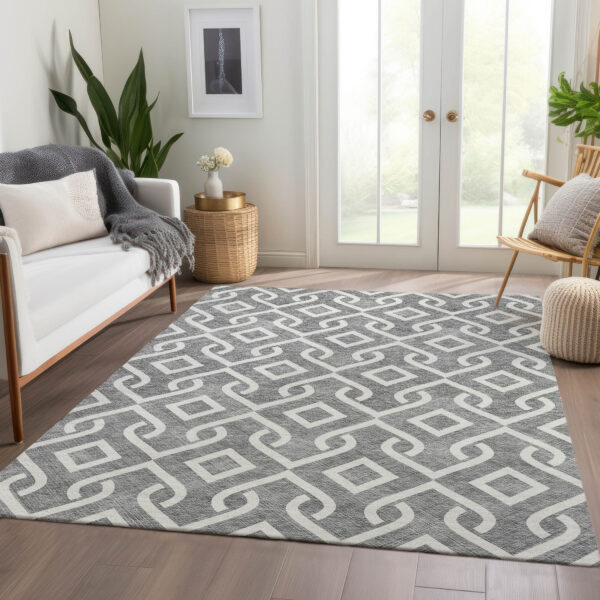 8' X 10' Gray And Ivory Geometric Washable Indoor Outdoor Area Rug