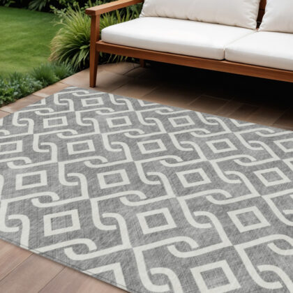 8' X 10' Gray And Ivory Geometric Washable Indoor Outdoor Area Rug