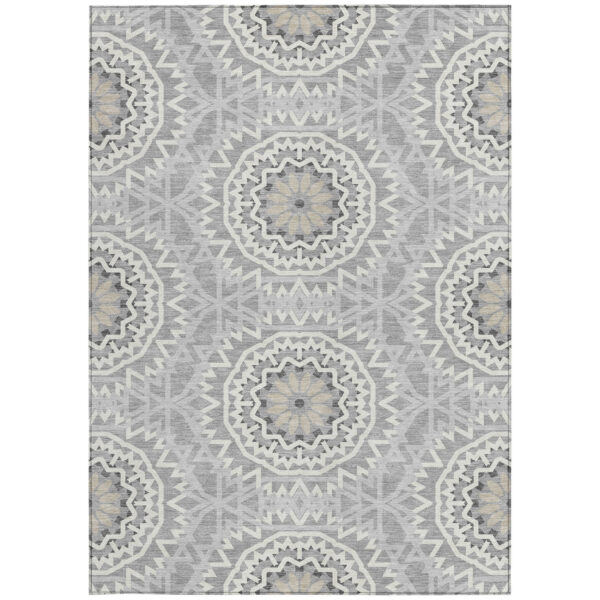 5' X 8' Gray Silver And Ivory Floral Medallion Washable Indoor Outdoor Area Rug