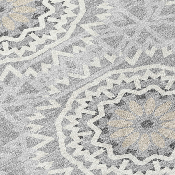 5' X 8' Gray Silver And Ivory Floral Medallion Washable Indoor Outdoor Area Rug