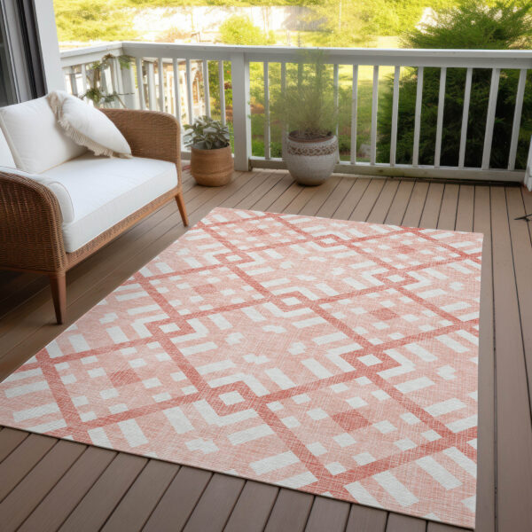 10' X 14' Salmon Peach And Ivory Geometric Washable Indoor Outdoor Area Rug