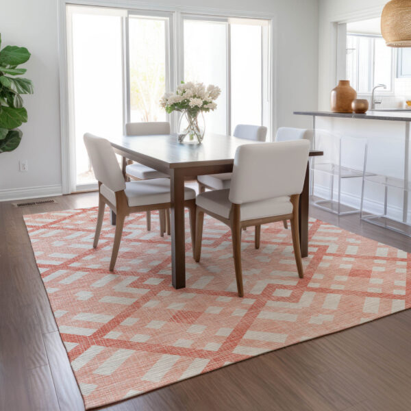 10' X 14' Salmon Peach And Ivory Geometric Washable Indoor Outdoor Area Rug