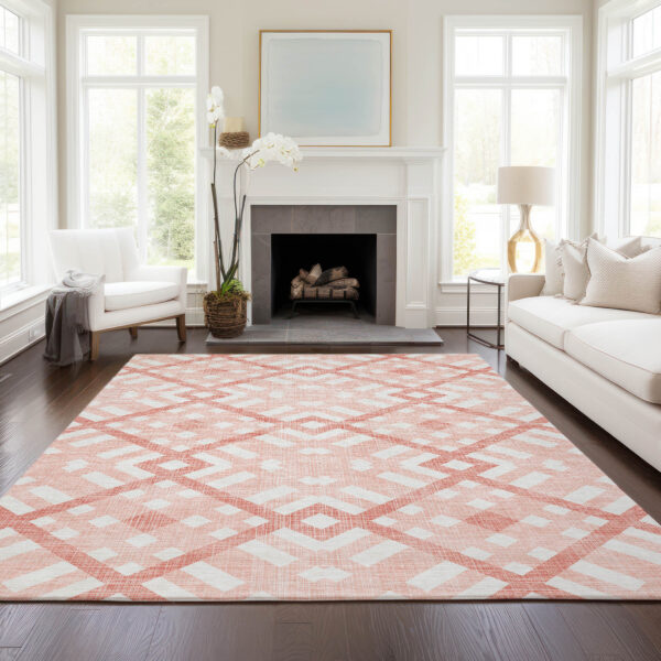 10' X 14' Salmon Peach And Ivory Geometric Washable Indoor Outdoor Area Rug