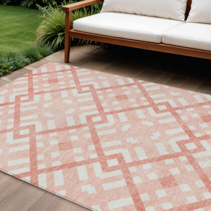 10' X 14' Salmon Peach And Ivory Geometric Washable Indoor Outdoor Area Rug