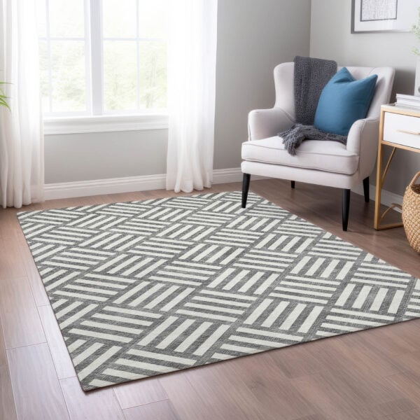 3' X 5' Charcoal And Ivory Geometric Washable Indoor Outdoor Area Rug