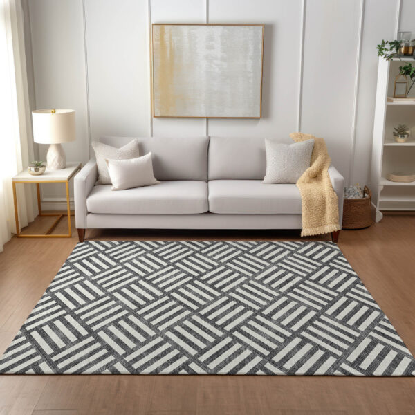 5' X 8' Black And Ivory Geometric Washable Indoor Outdoor Area Rug