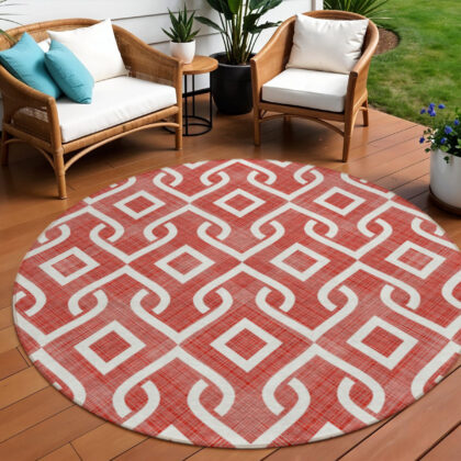 8' Red And Ivory Round Geometric Washable Indoor Outdoor Area Rug