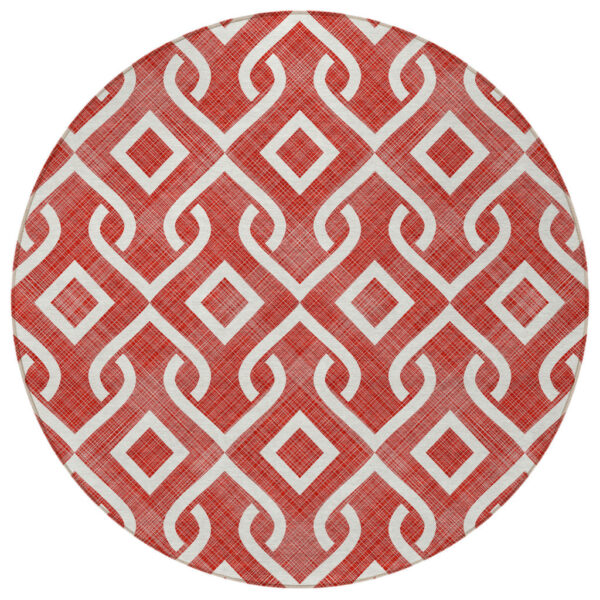 8' Red And Ivory Round Geometric Washable Indoor Outdoor Area Rug