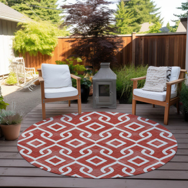 8' Red And Ivory Round Geometric Washable Indoor Outdoor Area Rug