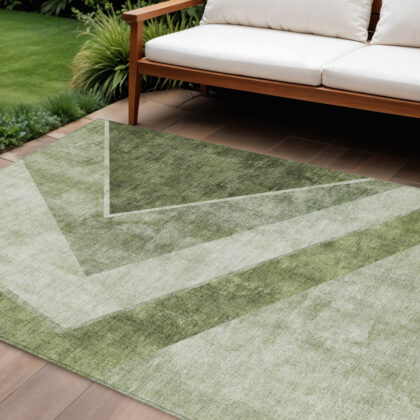 9' X 12' Olive Green And Artichoke Green Geometric Washable Indoor Outdoor Area Rug