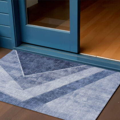 3' X 5' Navy Blue And Denim Blue Geometric Washable Indoor Outdoor Area Rug