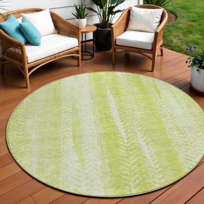 8' Artichoke Green And Ivory Round Botanical Leaves Washable Indoor Outdoor Area Rug