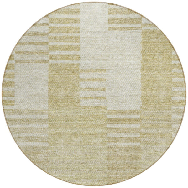 8' Beige And Ivory Round Striped Washable Indoor Outdoor Area Rug