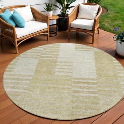 8' Beige And Ivory Round Striped Washable Indoor Outdoor Area Rug