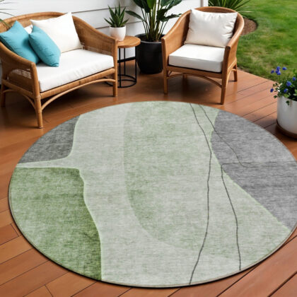 8' Green Olive Green And Gray Round Abstract Washable Indoor Outdoor Area Rug