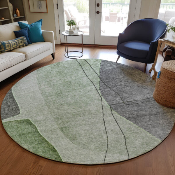 8' Green Olive Green And Gray Round Abstract Washable Indoor Outdoor Area Rug