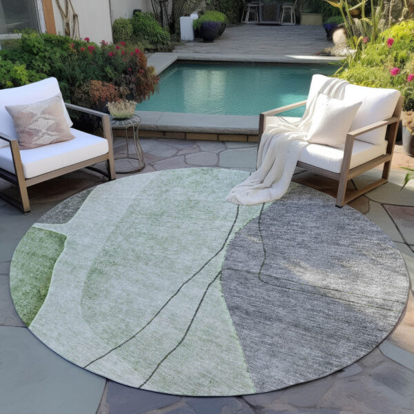 8' Green Olive Green And Gray Round Abstract Washable Indoor Outdoor Area Rug