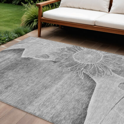 10' X 14' Gray Silver And Charcoal Floral Washable Indoor Outdoor Area Rug