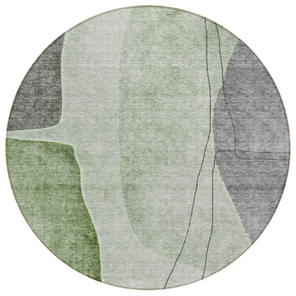 8' Green Olive Green And Gray Round Abstract Washable Indoor Outdoor Area Rug