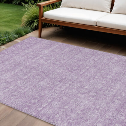 10' X 14' Lavender Lilac And Ivory Floral Washable Indoor Outdoor Area Rug
