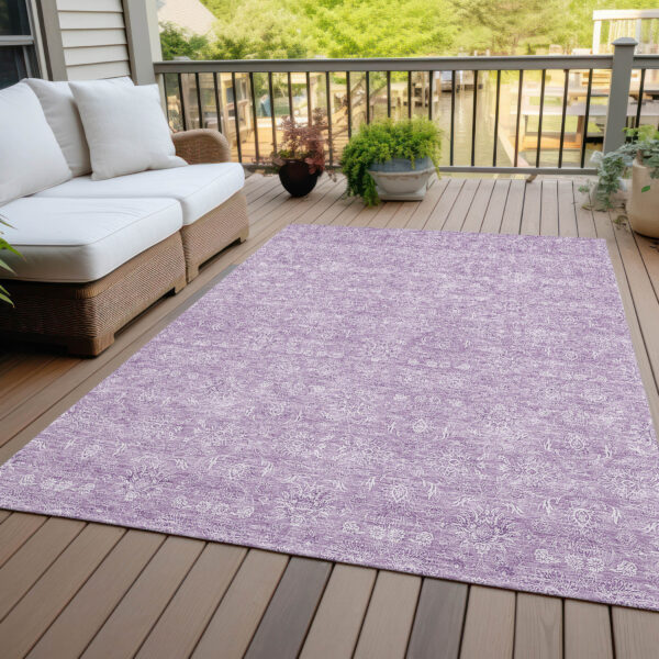 10' X 14' Lavender Lilac And Ivory Floral Washable Indoor Outdoor Area Rug