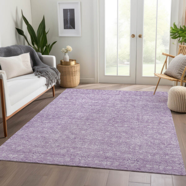 10' X 14' Lavender Lilac And Ivory Floral Washable Indoor Outdoor Area Rug