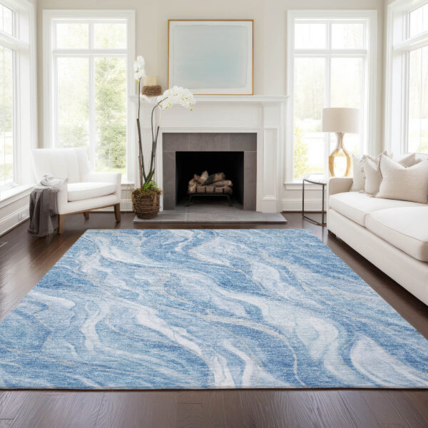 9' X 12' Denim Blue And Sky Blue Abstract Washable Indoor Outdoor Area Rug