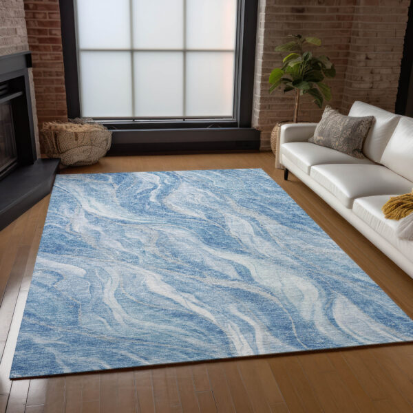 9' X 12' Denim Blue And Sky Blue Abstract Washable Indoor Outdoor Area Rug