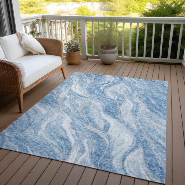 9' X 12' Denim Blue And Sky Blue Abstract Washable Indoor Outdoor Area Rug