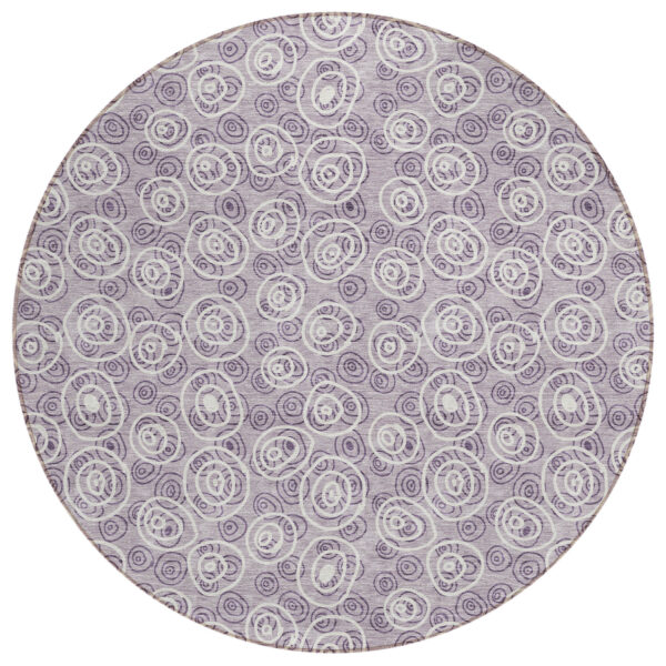 8' Lavender Purple And Ivory Round Geometric Washable Indoor Outdoor Area Rug
