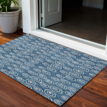 3' X 5' Navy Blue And Ivory Geometric Washable Indoor Outdoor Area Rug