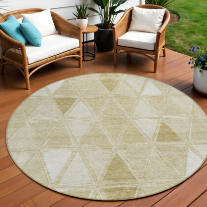 8' Khaki Beige And Tan Round Geometric Washable Indoor Outdoor Area Rug