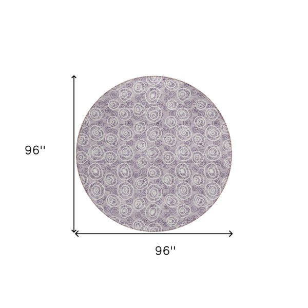 8' Lavender Purple And Ivory Round Geometric Washable Indoor Outdoor Area Rug