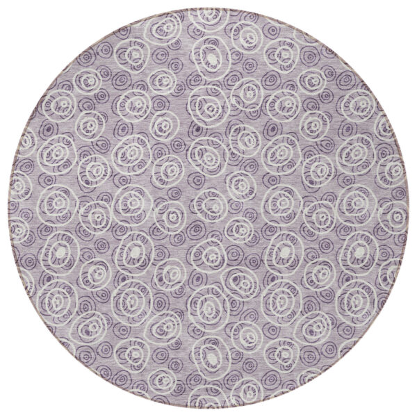 8' Lavender Purple And Ivory Round Geometric Washable Indoor Outdoor Area Rug