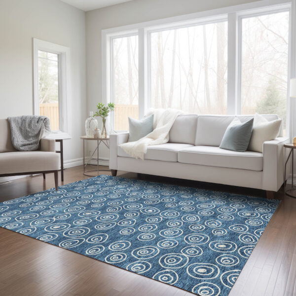 3' X 5' Navy Blue And Ivory Geometric Washable Indoor Outdoor Area Rug