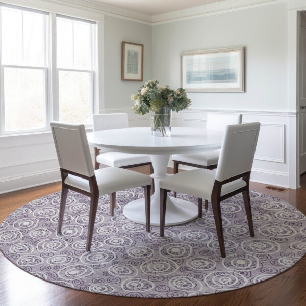 8' Lavender Purple And Ivory Round Geometric Washable Indoor Outdoor Area Rug