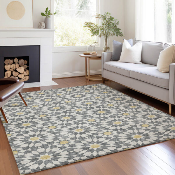 10' X 14' Gray Ivory And Gold Floral Medallion Washable Indoor Outdoor Area Rug