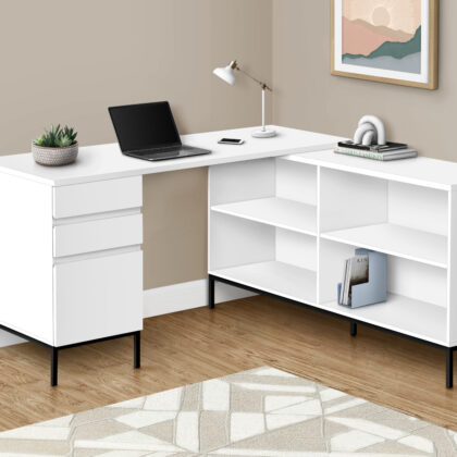 60" White and Black L Shape Computer Desk With Three Drawers