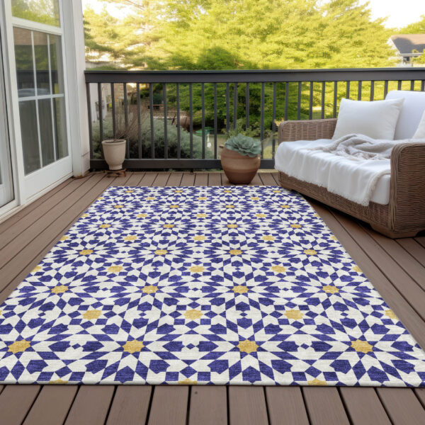 3' X 5' Navy Blue And Ivory Floral Medallion Washable Indoor Outdoor Area Rug