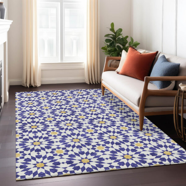 3' X 5' Navy Blue And Ivory Floral Medallion Washable Indoor Outdoor Area Rug
