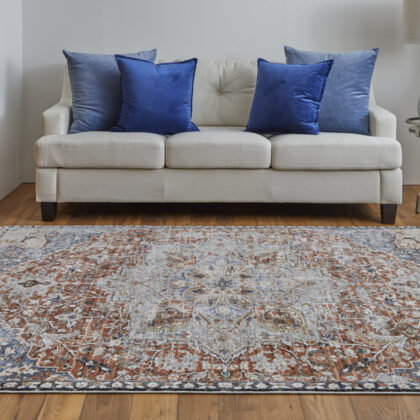 8' X 10' Orange Ivory And Blue Floral Power Loom Area Rug With Fringe